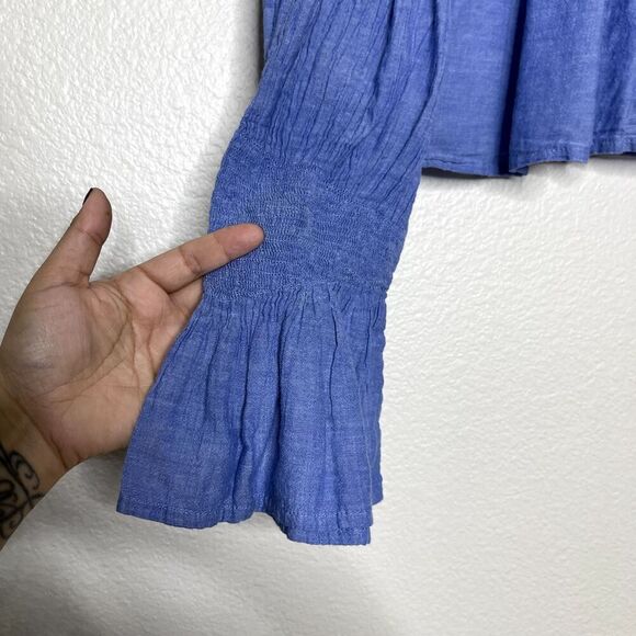 MAJE Top Medium Blue Lova Bleu Off Shoulder Smocked Blouse Long Bell Sleeve - Picture 2 of 8